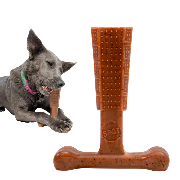 SPOT Bam-bones PLUS T Bone - Bamboo Fiber & Nylon, Durable Long Lasting Dog Chew for Aggressive Chewers – Great Toy for Adult Dogs & Teething Puppies under 60lbs, Non-Splintering, 6in, Beef Flavor Brown Medium