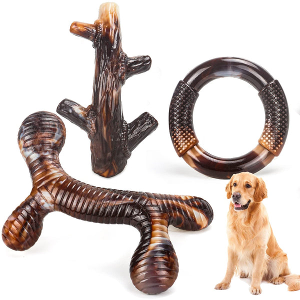 Zimtty Dog Toys, 3 Pack Indestructible Dog Chew Toys for Aggressive Chewers, Tough Nylon Real Bacon Flavor Teething Chew Toys for Large Medium Small Dog Breeds (Brown1) Brown1