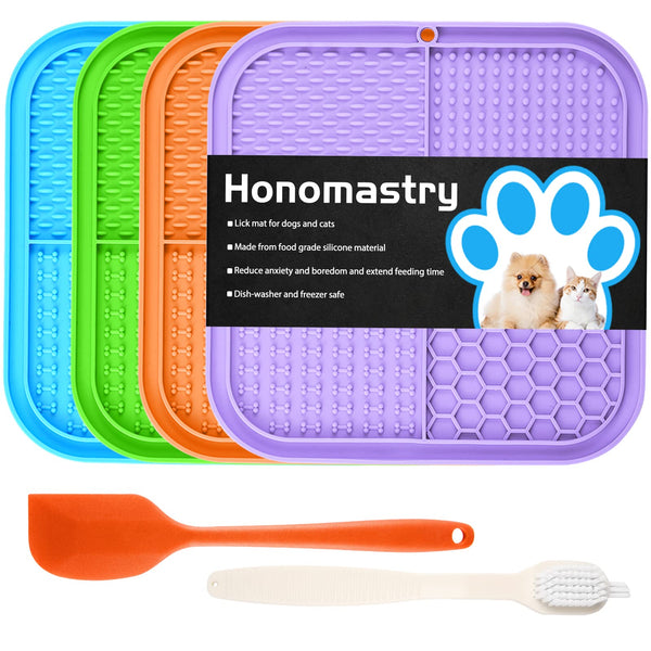 Dog Licking Mat Slow Feeder for Dogs, Premium Lick Pad with Suction Cups for Dog Anxiety Relief, Slow Feeder Dog Bowls, Bathing, Grooming and Training, 4 Pack (Green, Blue, Orange and Purple) Green, Blue, Orange and Purple