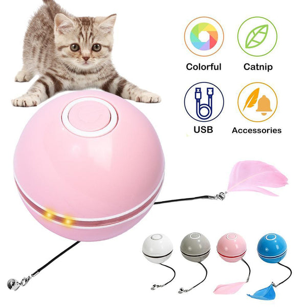 Automatic Smart Cat Ball Toys Interactive Catnip Ball USB Rechargeable Rotating Colorful LED Feather Bells Toys For Cats Kitten